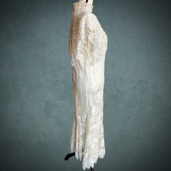 VTG 80s JESSICA MCCLINTOCK Ivory Lace Victorian Style Wedding Dress High Neck 6 - Picture 8 of 12